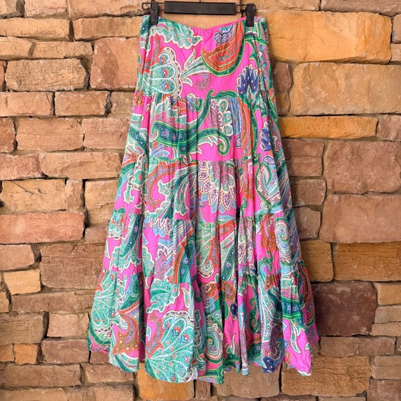 Lauren Ralph Lauren M Pink Paisley Tiered Cotton Flowy Women Maxi Skirt BOHO - Picture 2 of 10